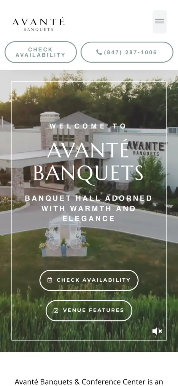 Avante Banquet Hall and Conference Center website on a phone