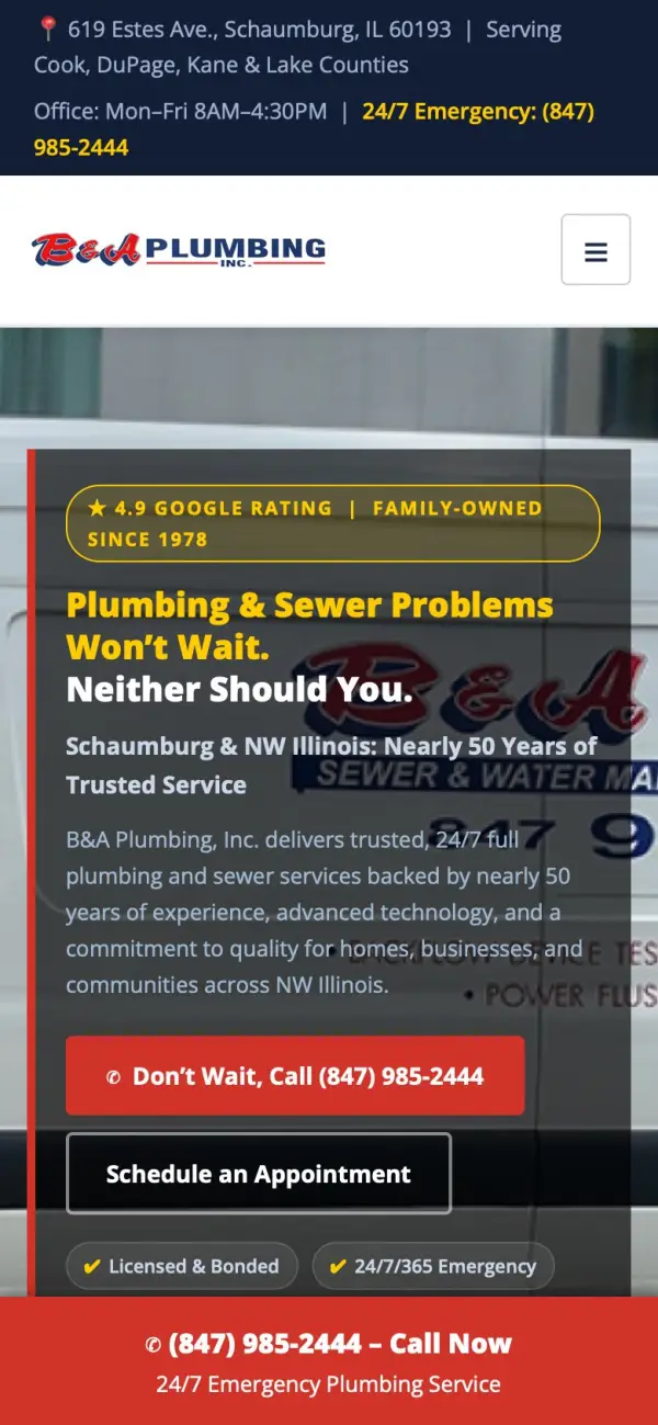 B & A Plumbing, Inc. website on a phone