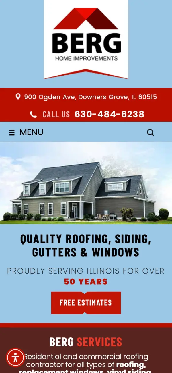 Berg Roofing and Home Improvement website on a phone