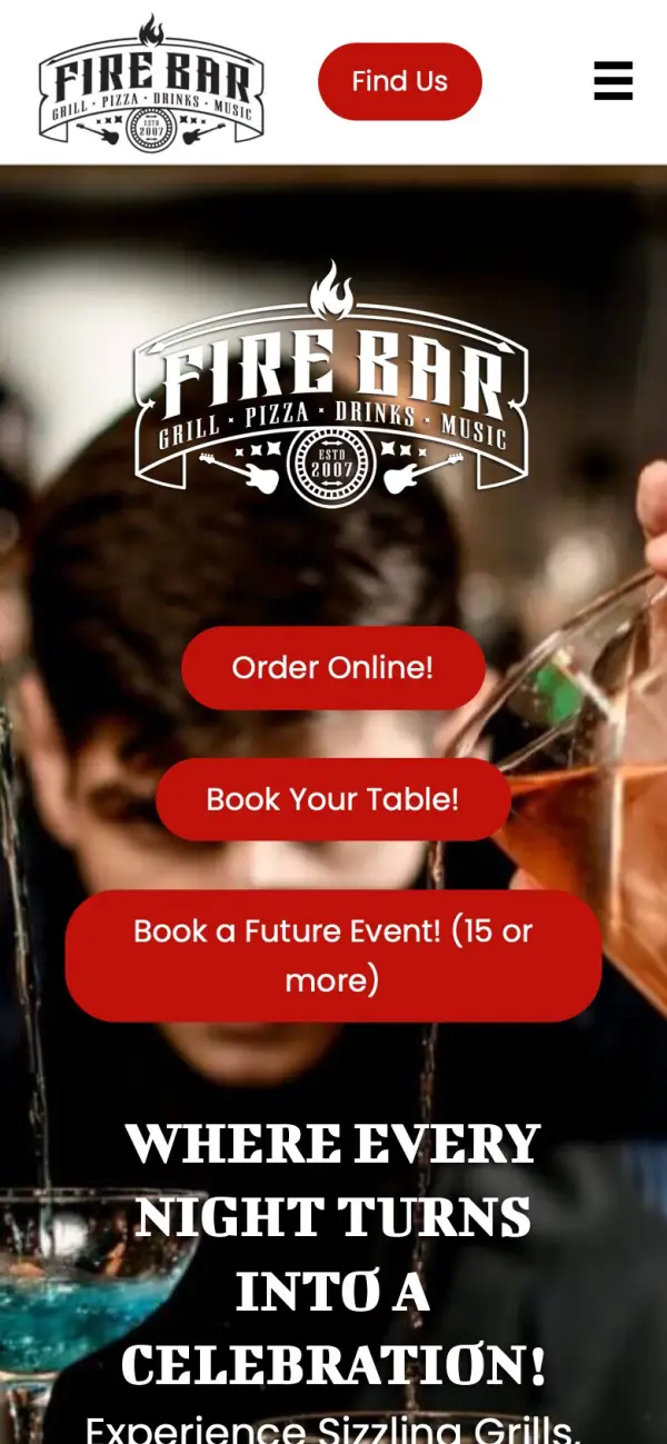 Fire Bar & Grill website on a phone