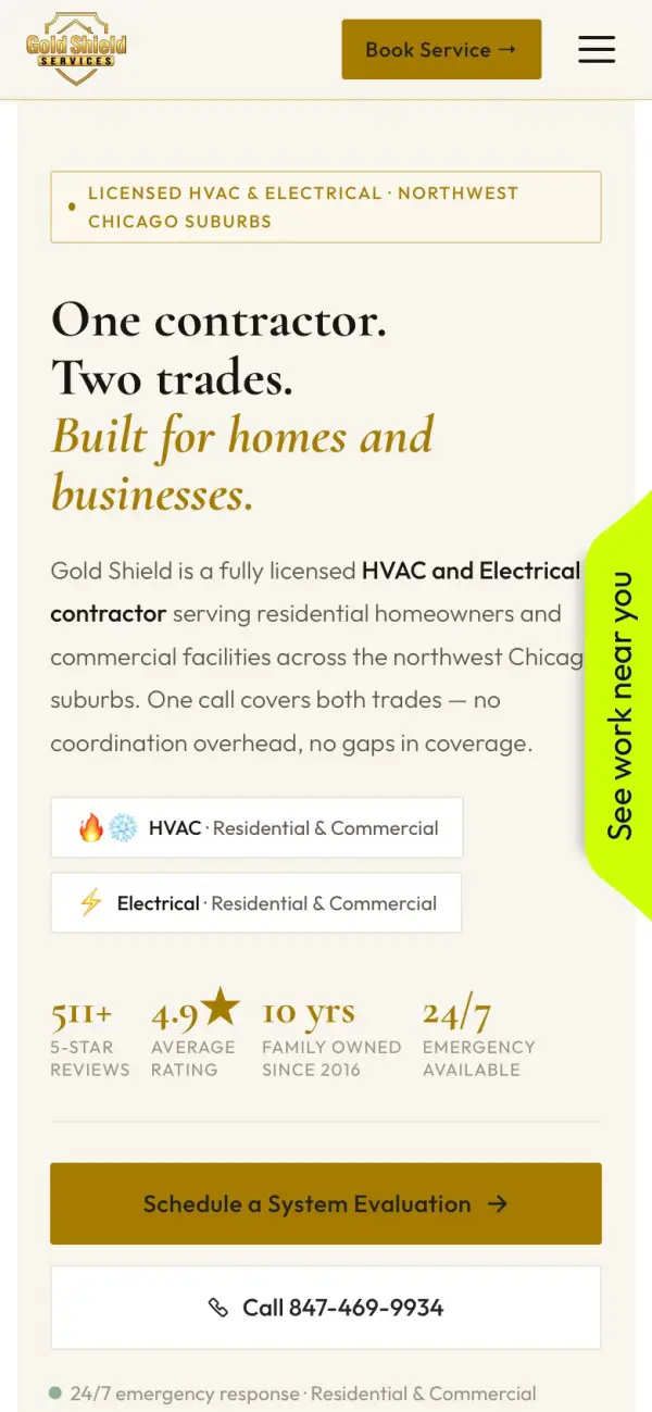 Gold Shield Services (HVAC & electrical) website on a phone