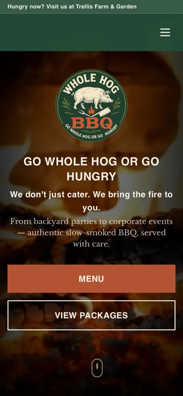 Whole Hog BBQ at Trellis Farm website on a phone