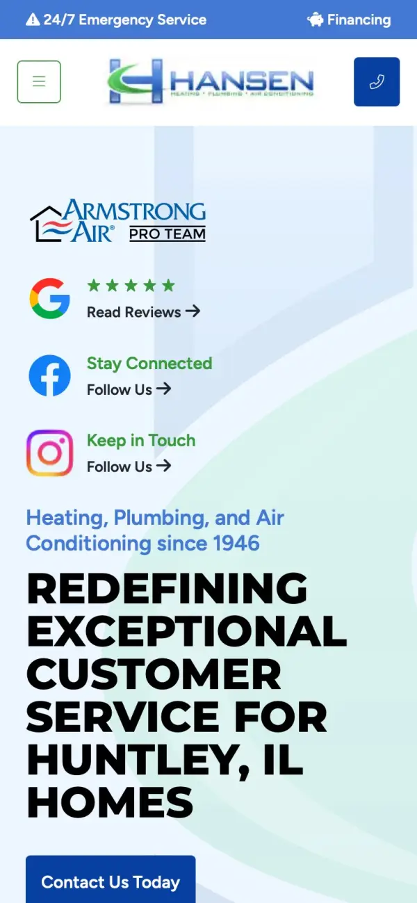 Hansen Heating, Plumbing & Air Conditioning website on a phone