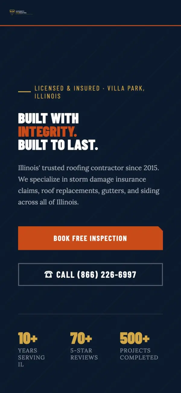 Integrity Pro Roofing LLC website on a phone