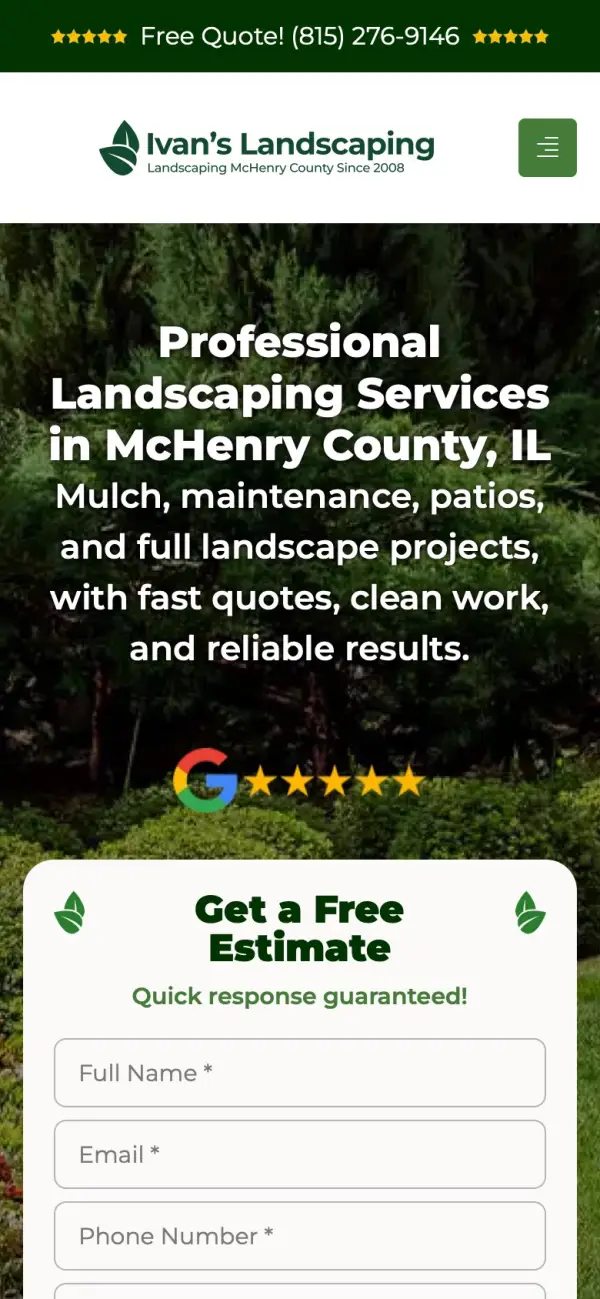 Ivan's Landscaping and Snow Removal website on a phone