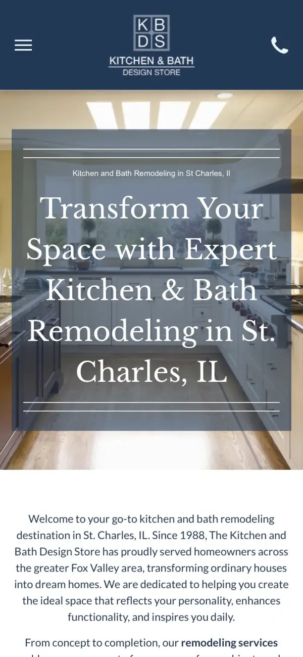 Kitchen & Bath Design Store website on a phone
