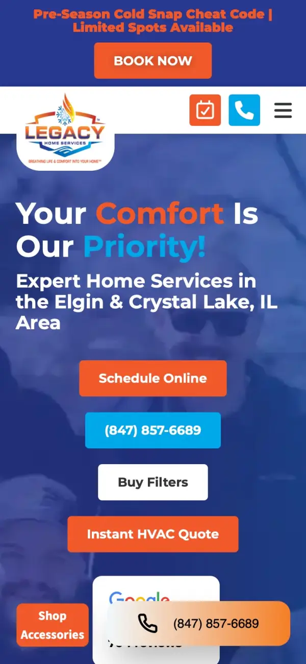Legacy Home Services website on a phone