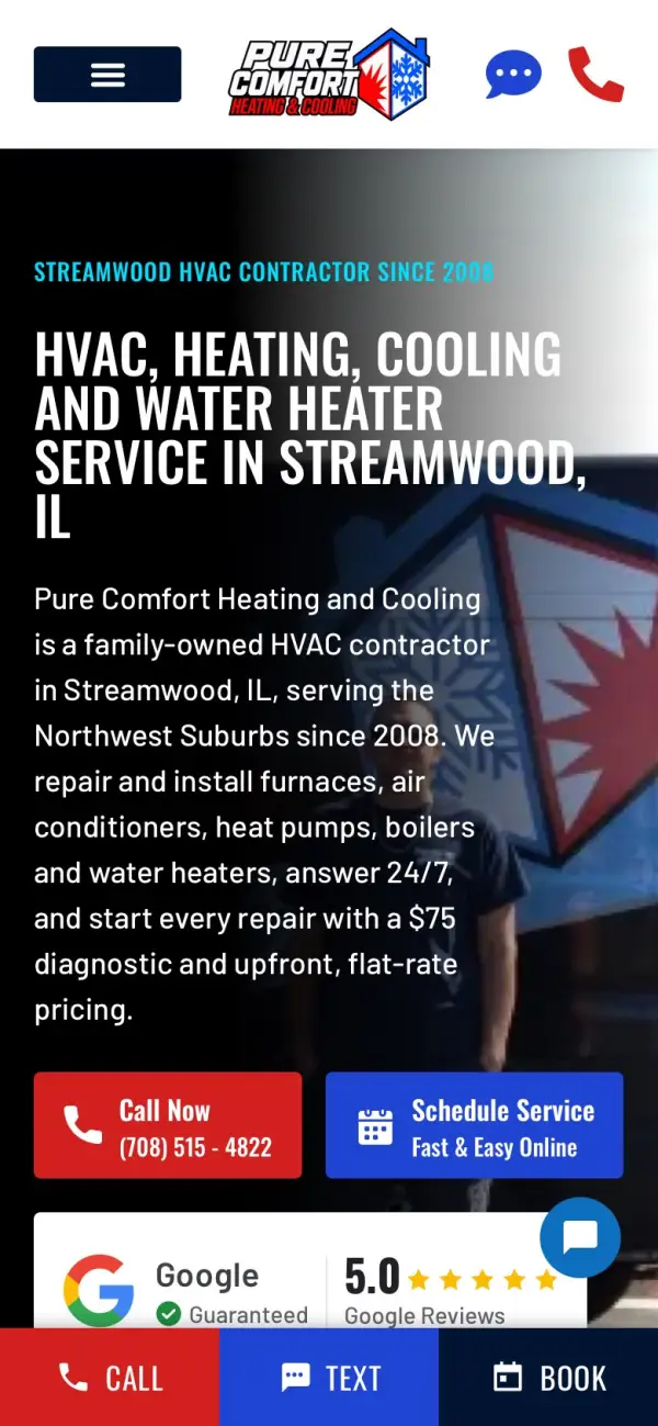 Pure Comfort Heating and Cooling website on a phone