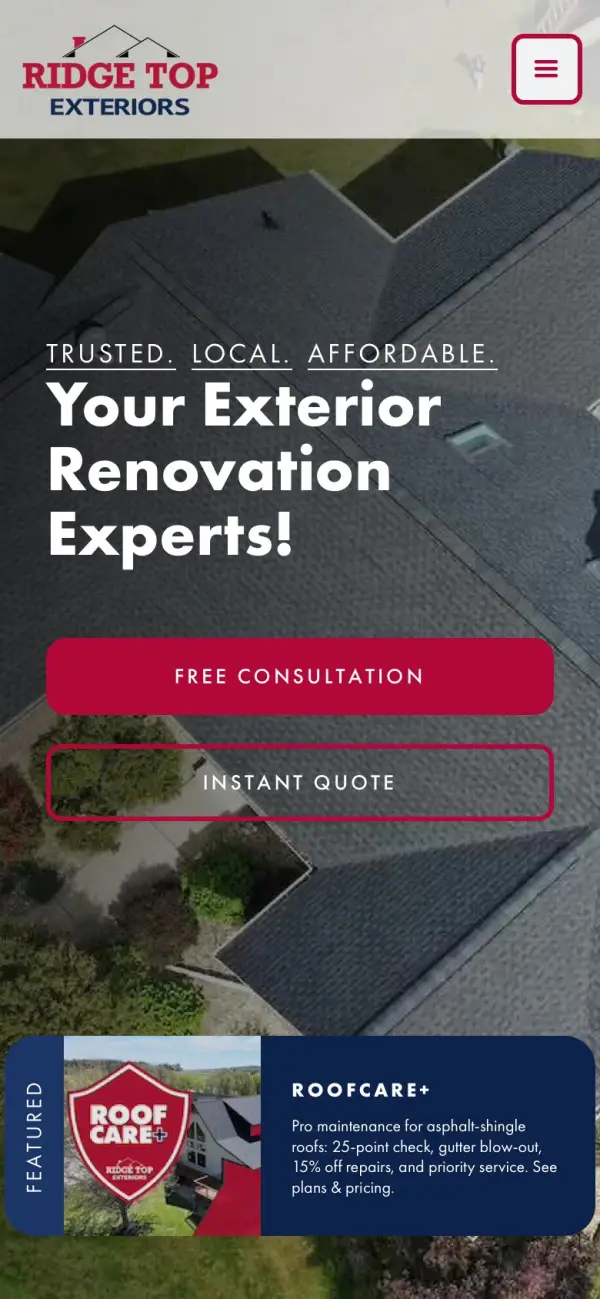 Ridge Top Exteriors Inc website on a phone