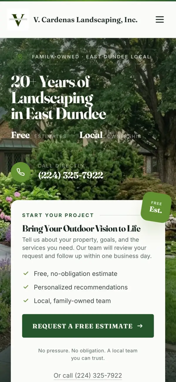 V. Cardenas Landscaping website on a phone