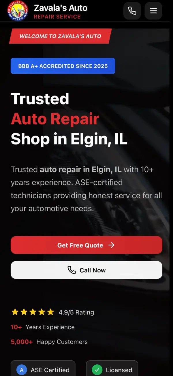Zavala's Auto Repair website on a phone