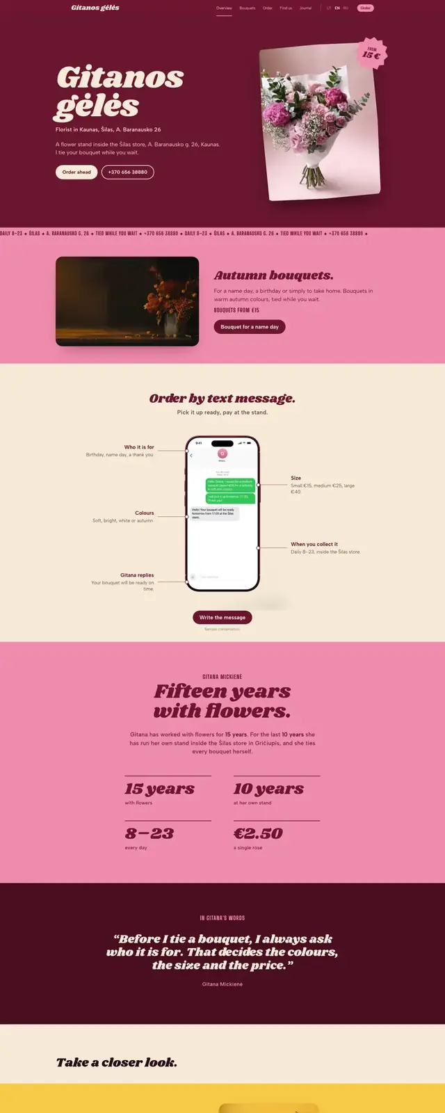 Gitanos gėlės website on a phone